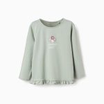T-shirt à manches longues avec imprimé fleur et volants pour filles, vert