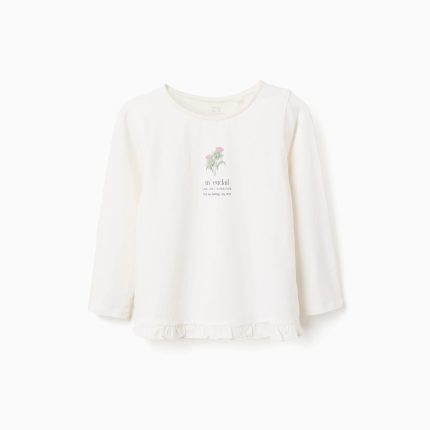 T-shirt à manches longues avec imprimé fleur et volants pour filles, blanc