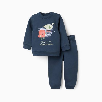 Sweat à imprimé + jogpant en coton peigné pour bébé garçon, bleu foncé