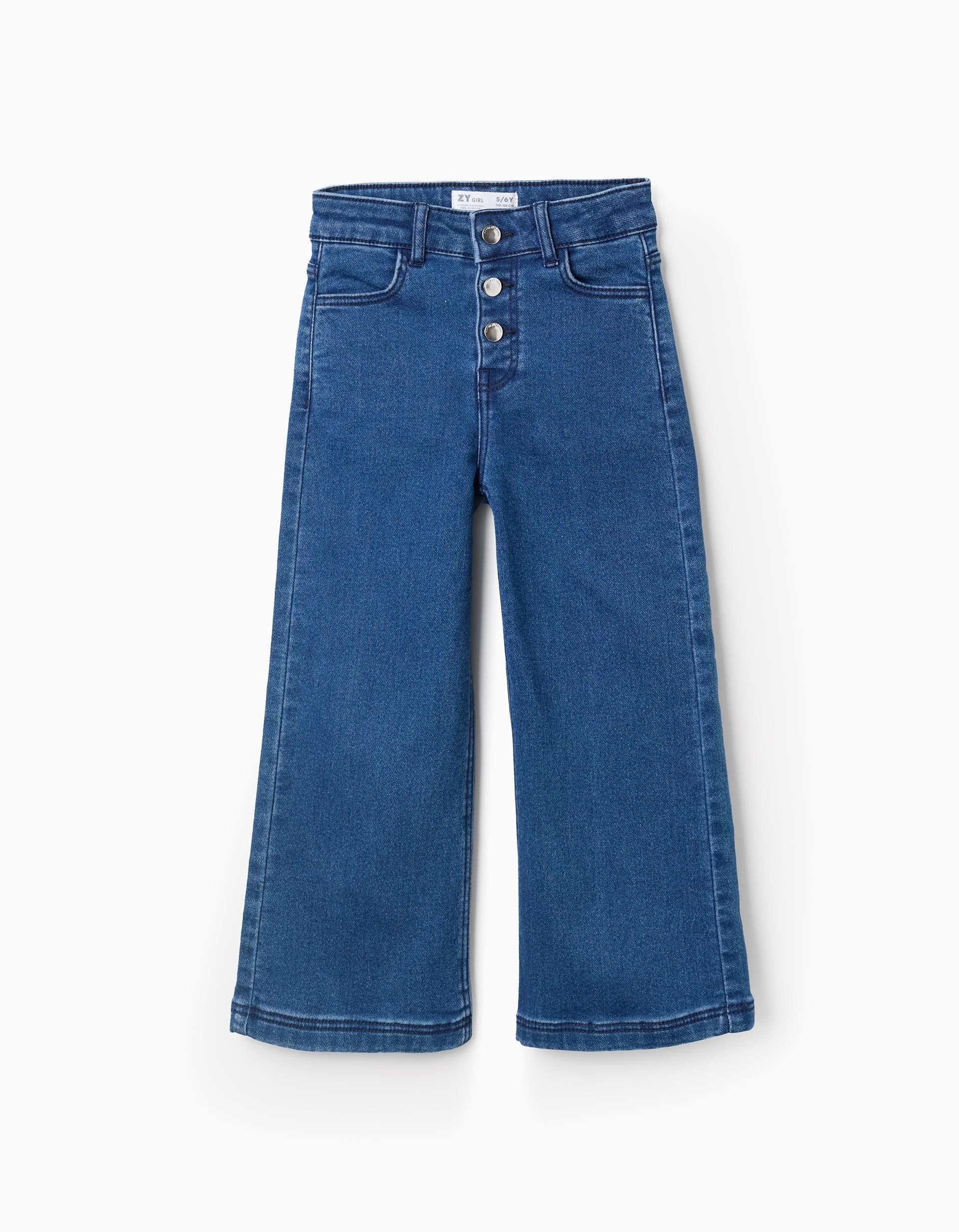 31074945003-0 Pantalon en jean jambe large avec boutons argentés pour filles, bleu – Image 1