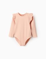 Body côtelé à manches longues avec volants pour fille, rose clair