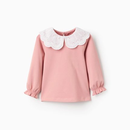 T-shirt avec col Broderie Anglaise et volants pour filles roses, rose