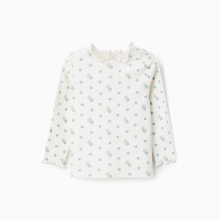 T-shirt à manches longues côtelées avec motif floral pour les filles, blanc