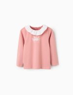 T-shirt à manches longues avec imprimé et col à volants pour filles, rose