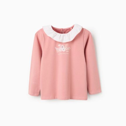 T-shirt à manches longues avec imprimé et col à volants pour filles, rose