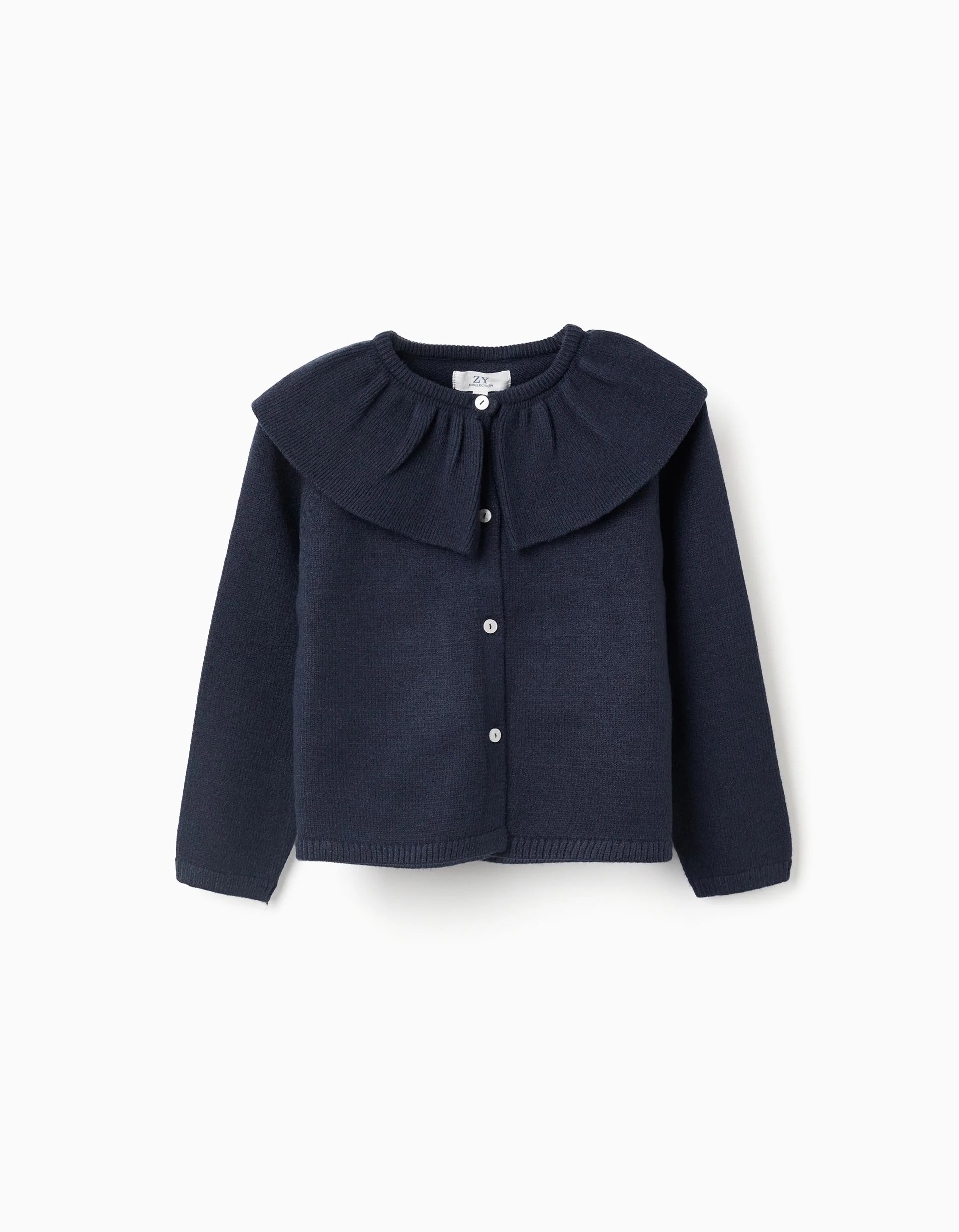 31076202006-1 Gilet en tricot avec col long à volants pour filles, bleu foncé – Image 1