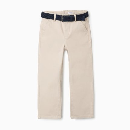 Pantalon chino slim en sergé avec ceinture pour garçon, beige clair