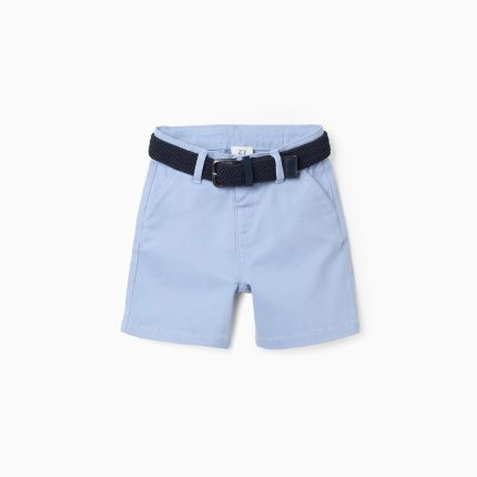 Short mi-long en sergé avec ceinture pour bébé garçon, bleu clair