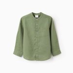 Chemise à manches longues en lin et coton avec col mao pour garçon, verte