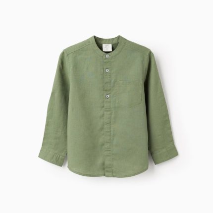Chemise à manches longues en lin et coton avec col mao pour garçon, verte