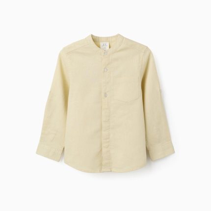 Chemise à manches longues en lin et coton avec col mao pour garçon, jaune