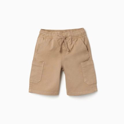 Short cargo long en sergé beige avec cordon de serrage pour garçon