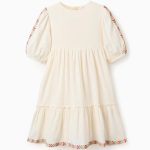Robe à manches bouffantes et broderies pour filles, beige clair