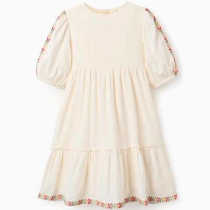 Robe à manches bouffantes et broderies pour filles, beige clair