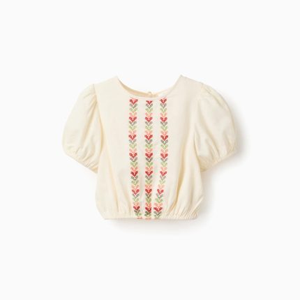 Blouse à manches bouffantes et broderies pour filles, beige clair