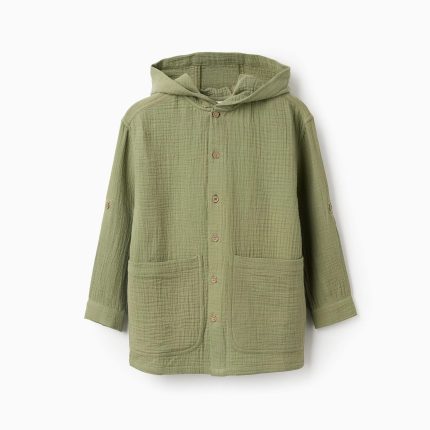 Chemise en coton à manches longues et capuche pour garçon, vert kaki