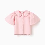 Chemise en popeline rose à col festonné et brodé pour fille