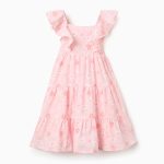 Robe trapèze en coton rose à motif floral et volants pour fille