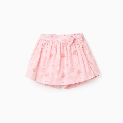 Jupe-short en coton à motif floral et nœud pour fille, rose clair