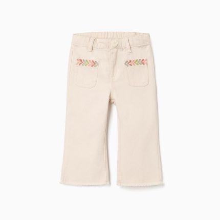 Pantalon évasé en sergé brodé pour bébé fille, beige clair
