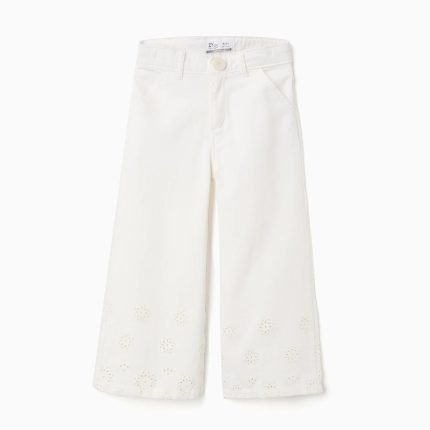 Pantalon large en sergé avec broderie anglaise pour fille, beige clair