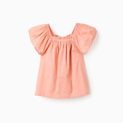 Top en coton à pois suisses et col carré pour filles, orange saumon