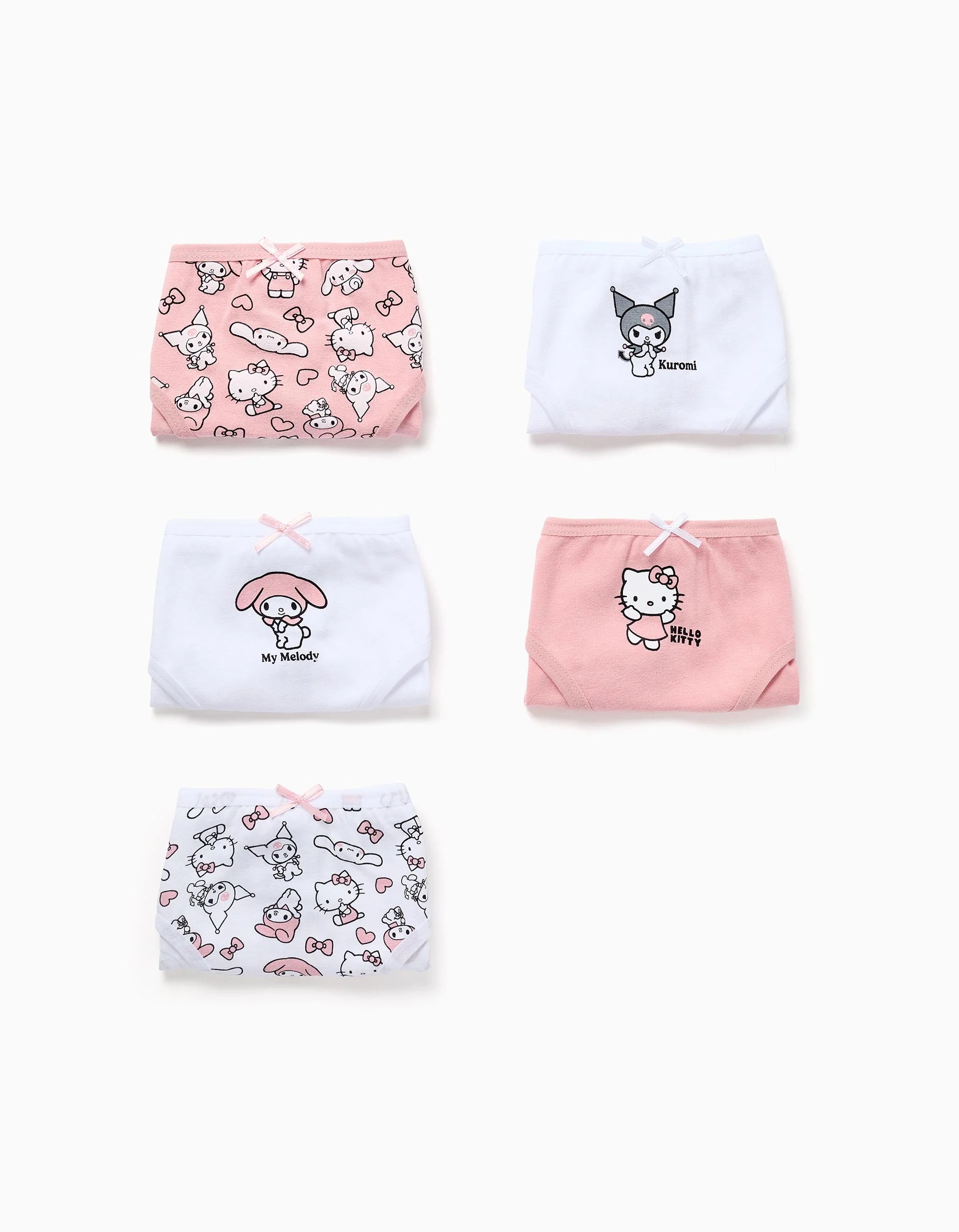31077382035-0-1.jpg Lot de 5 culottes en coton Hello Kitty & Friends pour filles, rose et blanc – Image 1