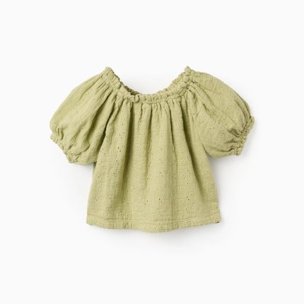 Top en coton brodé anglais à manches bouffantes pour bébé fille, vert