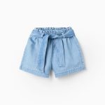 Short en jean bleu à taille haute et ceinture pour bébé fille