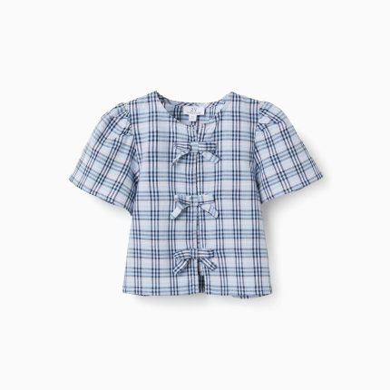 Blouse en coton à carreaux avec nœuds décoratifs B&S pour filles, bleue