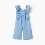 Combinaison en jean à jambes larges et volants pour bébé fille, bleue