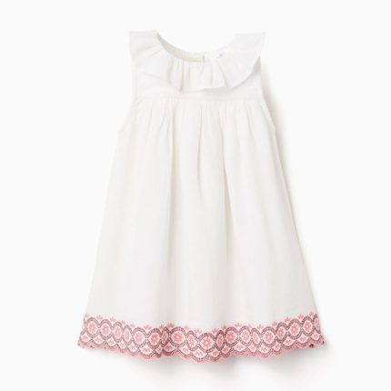 Robe en coton et lin avec broderie anglaise pour bébé fille, beige clair