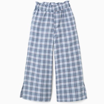 Pantalon large en coton à carreaux B&S pour filles, bleu