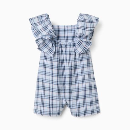Combinaison en coton à carreaux B&S pour bébé fille, bleue