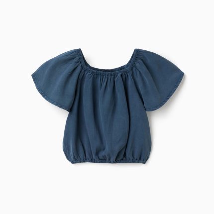 Top en lyocell pour fille, bleu foncé, avec col et taille élastiqués.