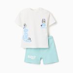 T-shirt et short en coton avec motif Bluey pour bébés et enfants, blanc/bleu