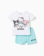 Pyjama en coton à manches courtes pour filles, imprimé Hello Kitty, blanc/bleu