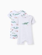 2 barboteuses en coton avec crocodiles pour nouveau-nés et bébés garçons, blanc/gris
