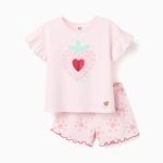 Pyjama en coton à manches courtes avec imprimé cœurs pour filles, rose clair