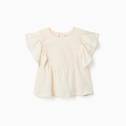 T-shirt en coton à manches volantées pour filles, beige clair