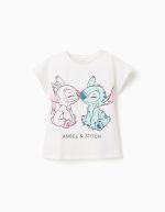 T-shirt en coton avec imprimé Stitch et Angel pour fille, blanc