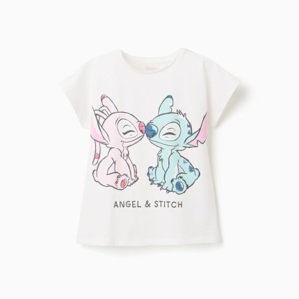T-shirt en coton avec imprimé Stitch et Angel pour fille, blanc