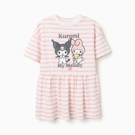 Robe en coton rayé à imprimé Kuromi pour filles, blanc/rose
