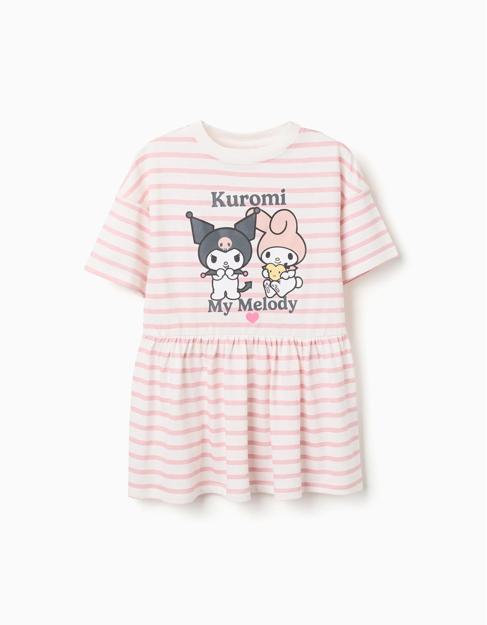 31077765030-0-1.jpg Robe en coton rayé à imprimé Kuromi pour filles, blanc/rose – Image 1
