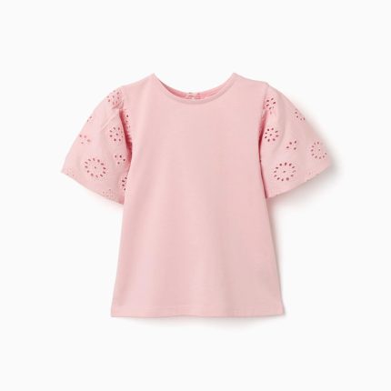 T-shirt en coton à manches brodées anglaises pour filles, rose