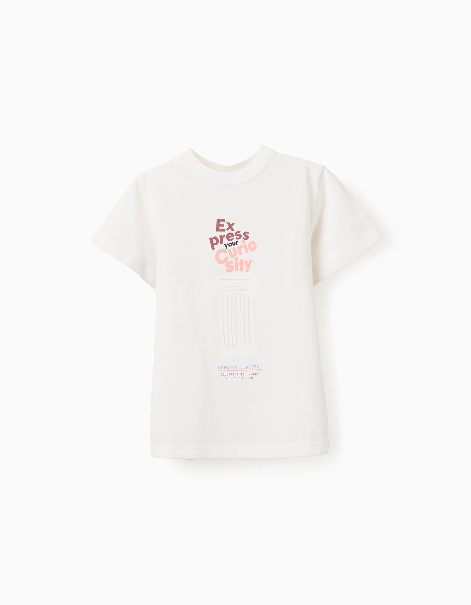 31077775041-0.jpg T-shirt en coton blanc pour garçon, imprimé « Curiosité » sur le devant. – Image 1