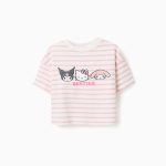 T-shirt rayé en coton avec imprimé Besties pour filles, blanc/rose