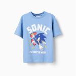 T-shirt en coton bleu avec imprimé Sonic sur le devant pour garçon
