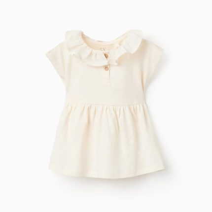 T-shirt en coton à col volanté pour bébé fille, beige clair