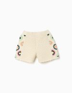 Short en maille de coton avec fleurs au crochet pour fille, beige clair – Image 2